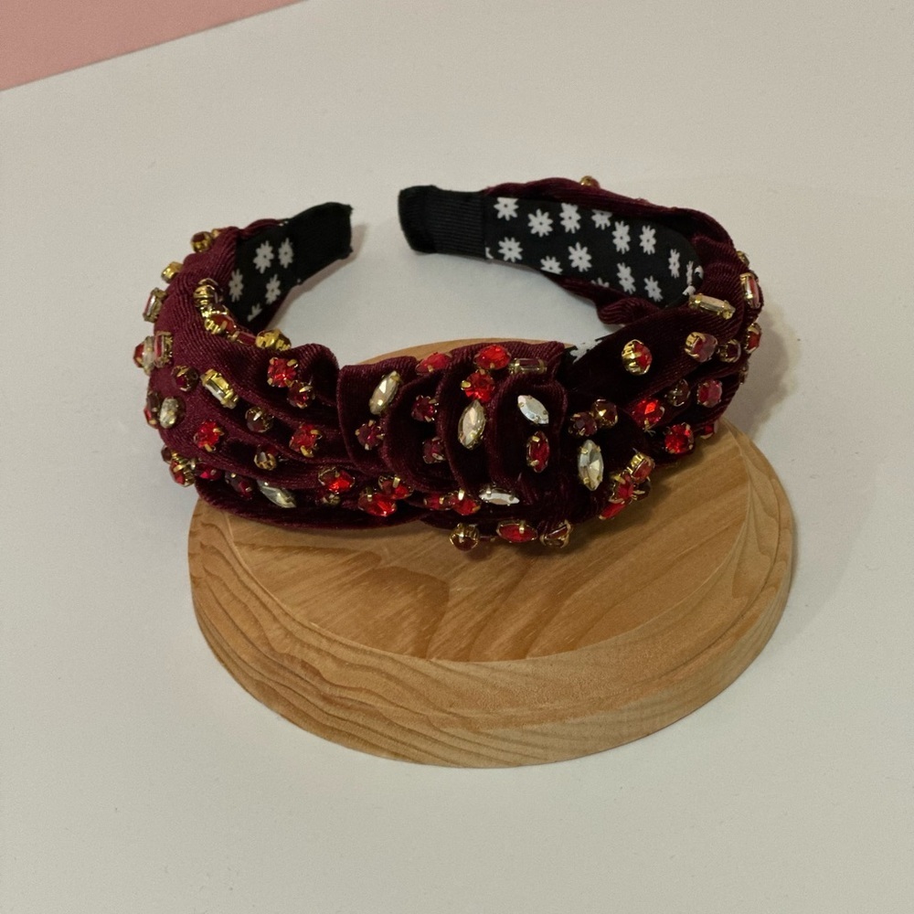 Red Rhinestone Burgundy Velvet Knot Headband - Picture 6 of 10